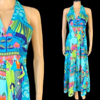 Stunning 1970's oriental novelty print maxi dress